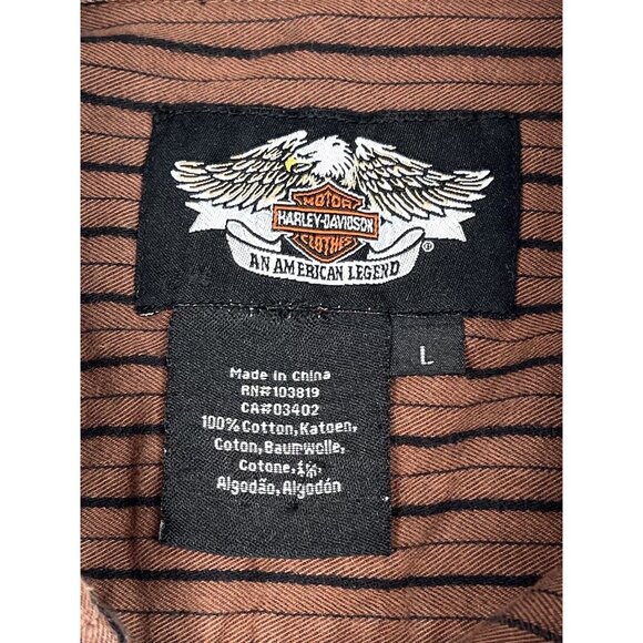 HARLEY-DAVIDSON Mens LARGE Brown Stripe Embroidery Spell-Out Button-Up S/S SHIRT - Picture 9 of 11